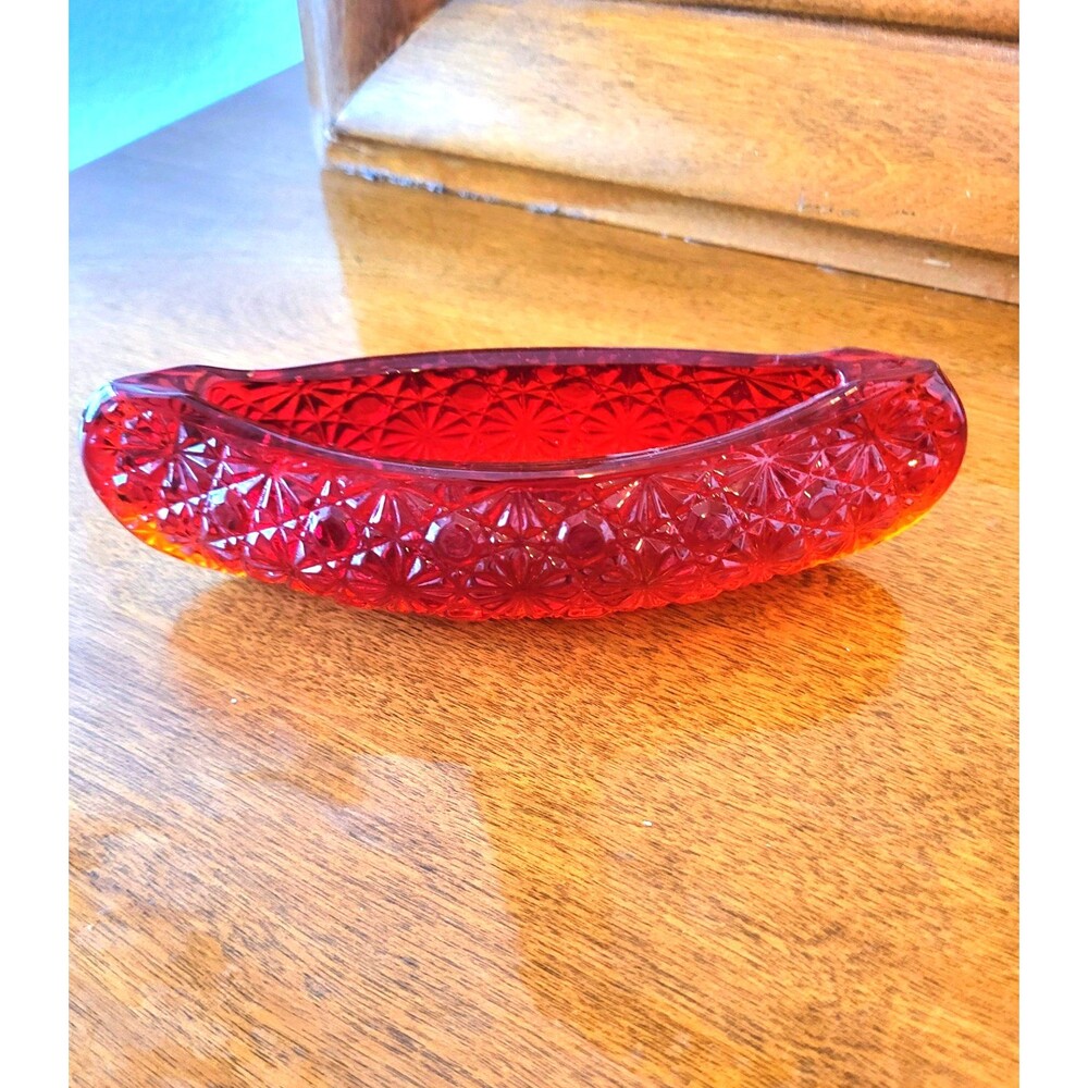 Vintage MCM Ruby Red Daisy and Button Glass Amberina 6" Canoe Dish